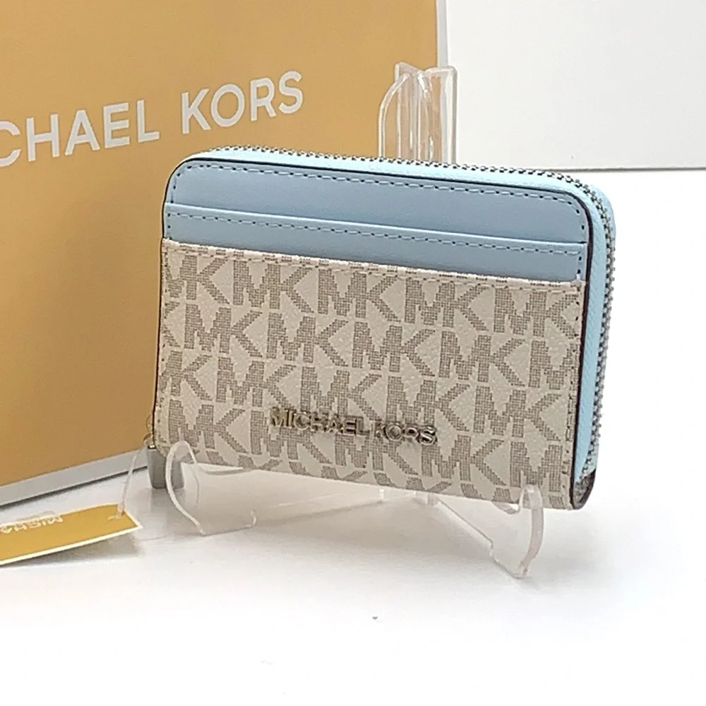 MICHAEL KORS MEDIUM ZIP AROUND CARD CASE VSTA BLUE MULTI SIGNATURE COLOR - Picture 1 of 15